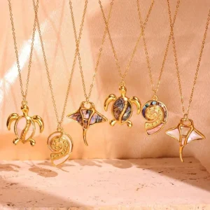 Gold-Plated Stainless Steel Necklace with Natural Shell Inlay, Starfish, Turtle and Floral Pattern