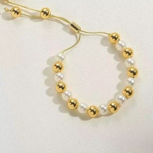 Gold Plated Stainless Steel Pearl Bead Bangle Bracelet for Women