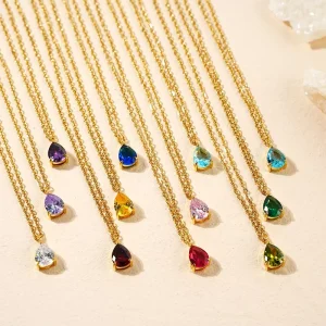 Gold-Plated Stainless Steel Zircon Water-Drop Birthstone Pendant Necklace for Women