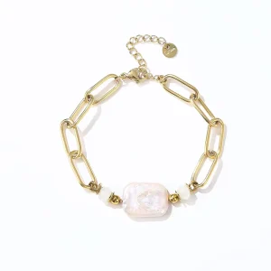 Gold Plated Waterproof Paper Clip Chain Baroque Freshwater Pearl Bracelets for Women Rectangular Link Chain Bracelet