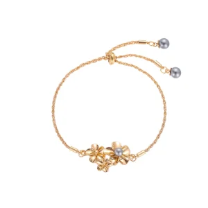Gold Plated Women’s Flower Shape Hawaiian Bangle Imitation Pearl Zinc Alloy 23cm Length
