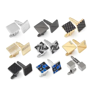 Gold-Plated Zinc Alloy Cufflinks and Tie Clips Set, Diamond Button, Custom Logo, Men’s Wedding