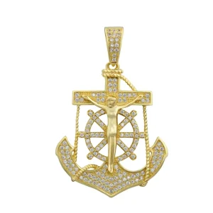 Gold Plated Zircon 925 Silver Jesus Anchor Crucifix Pendant for Men
