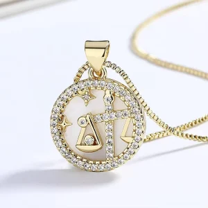 Gold Plated Zodiac Sign Charm Chain Moissanite Geometric Gemstone Necklace