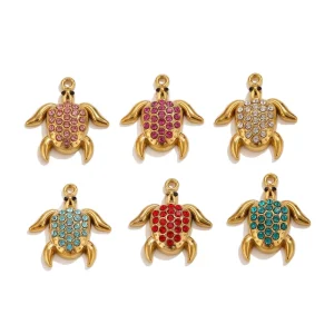 Gold Sea Turtle Pendant Charm with Blue Rhinestone for Necklace Jewelry Making