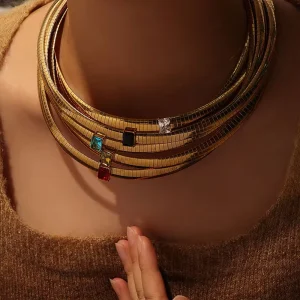 Gold Stainless Steel Zirconia Crystal Gemstone Bracelet and Necklace Set for Women