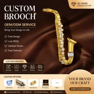 Gold Tone Saxophone Rhinestone Brooch