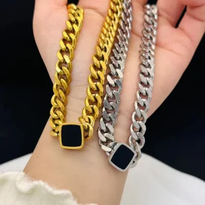 Gold-Tone Stainless Steel Black Square Pendant Bracelet, Punk Style