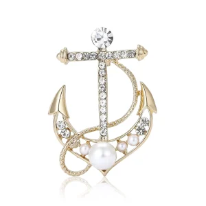 Gold and Silver Anchor Brooch with Crystals and Pearls