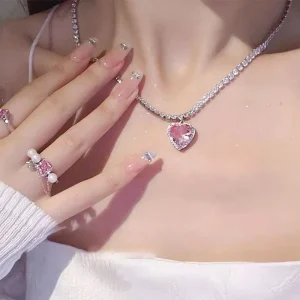 Gothic Pink Crystal Heart Pendant Choker Necklace