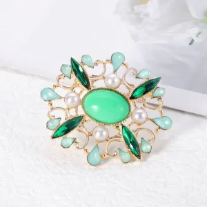 Green Rhinestone Vintage Women’s Brooch Alloy Gemstone Elegant Pearl Hollow Geometric Shape Retro Designer Brooch