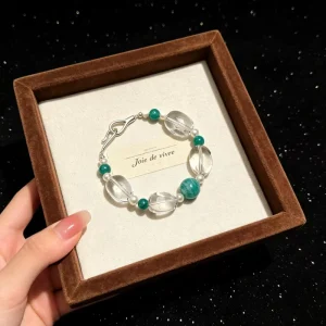 Green Transparent Oval Crystal Pearl Beaded Bracelet with Silver Hook