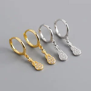 Guitar Gold 925 Sterling Silver Zircon Charm Dangle Hoop Earrings