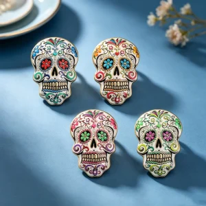 Halloween Candy Skull Brooches for Women Unisex 4-Color Enamel Floral Pattern Skeleton Party Brooch Pin