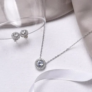 Custom Halo CZ Jewelry Set, S925 Sterling Silver Necklace and Earrings, Round Cubic Zirconia Engraving