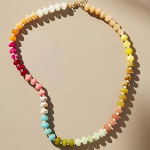 Handmade 18K Gold Rainbow Multi-Color Natural Stone Gemstone Bead Necklace with Pearl and Jade