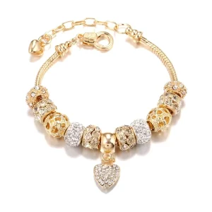 Handmade Alloy Crystal Heart Charm Beaded Bracelet for Women