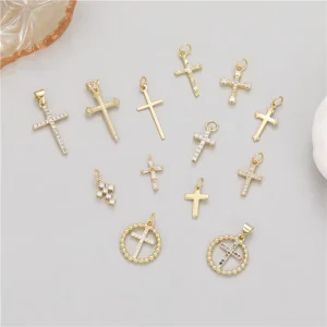 Handmade DIY Round Cross Charm Pendant, Gold Plated