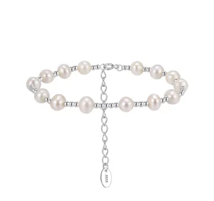 Handmade Freshwater Pearl Beaded Bracelet with Gold Beads in 925 Sterling Silver, Adjustable