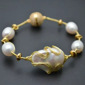 Handmade Gold Color Wedding Bracelet with Natural Baroque Pearl Wire Wrap