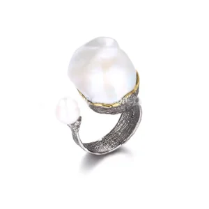 Handmade Italian Engagement 925 Sterling Silver Baroque Pearl Ring