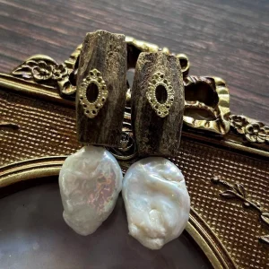 Handmade Natural Wood Pearl Pendant Drop Earrings