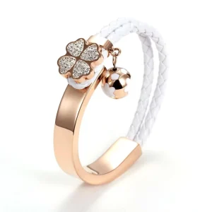 Handmade Stainless Steel Four-Leaf Clover Zircon Charm Bracelet with Leather Bangle for Women