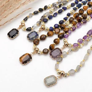Handmade Unisex Amethyst Beaded Necklace with Natural Crystal Gemstone Pendant