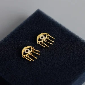 Handmade Women’s Tassel Dangling 925 Sterling Silver Gold-Plated Zircon Devil Eye Stud Earrings