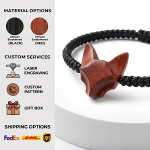 Handmade Wooden Fox Head Bracelet African Blackwood Sandalwood Braided Rope Geometric Jewelry Custom