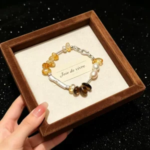 Handmade Yellow Citrine, Brown Smoky Quartz and Pearl Bracelet with Irregular Beads and Silver Bar