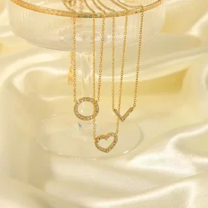 Heart Round V-shaped Stainless Steel Pendant Necklace Gold Plating Rhinestone Inlay Choker Chain