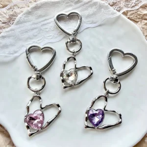Heart Shape Metal Keychain With Rhinestone Crystal Charm Cute Bag Pendant Fashion Jewelry Accessory for Women Girls Gift