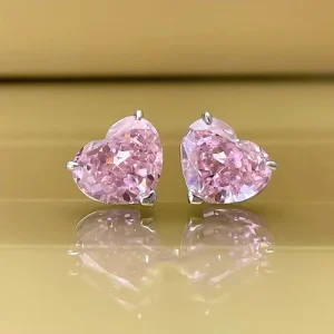 Heart Simulated Pink CZ Solitaire Stud Earrings S925 Silver Three Prong Valentine Daily Jewelry for Ladies