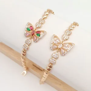 High Quality Hollow-Out Butterfly Charm Micro-Pave Multicolor Zircon 14K Gold Copper Link Bracelet for Women