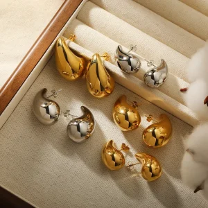 High-end Chubby Hollow Water Drop Earrings 24K Gold Rhodium Plated Stainless Geometric Studs