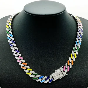 Hip-Hop 10mm Rhombus Rainbow Crystal Gold-Plated Alloy Cuban Link Chain Necklace