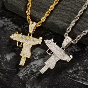 Hip Hop Brass Gold-Plated CZ Gun Pendant and Rope Chain Necklace