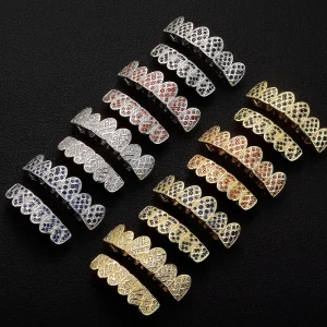 Hip Hop CZ Cubic Zirconia 6 Teeth Grillz Punk Top and Bottom Set