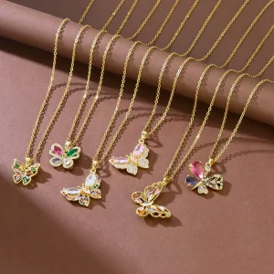 Hip-Hop Colorful Zircon Butterfly Bamboo Chain Necklace for Women