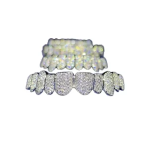 Hip Hop Custom Grillz 10 Top 10 Bottom 925 Silver Gold Plated VVS Moissanite