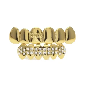 Hip Hop Engraved Copper Diamond Gold Grillz Teeth Set with Claw Setting