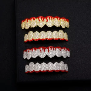 Hip Hop Grillz Diamond Teeth Flame Design Brass Zircon