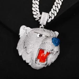 Hip Hop Men’s Wolf Head Pendant Necklace Brass 18K Gold-Plated 5A Cubic Zirconia Cuban Chain Set