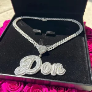 Hip Hop Miami Cuban Chain Custom Name Initial Clasp 925 Sterling Silver VVS Moissanite Diamond Pendant