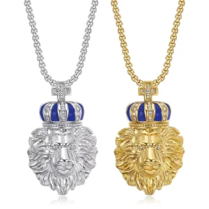 Hip Hop Religious Crown CZ Diamond Cross Lion Pendant Waterproof Stainless Steel Necklace for Men