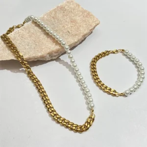 Hip Hop Stainless Steel 18K Gold Freshwater Pearl Chain Necklace