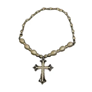 Hip Hop Vintage Pearl Rhinestone Choker with Cross Pendant Collar Chain Necklace