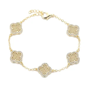 Hollow Honeycomb Four-Leaf Clover Tennis Bracelet Gold and Silver Two-Tone Paved Moissanite Adjustable Unisex