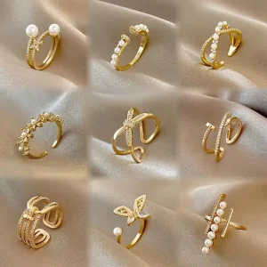 Hollow Out Multilayer Zircon Pearl Ring, Gold, Adjustable